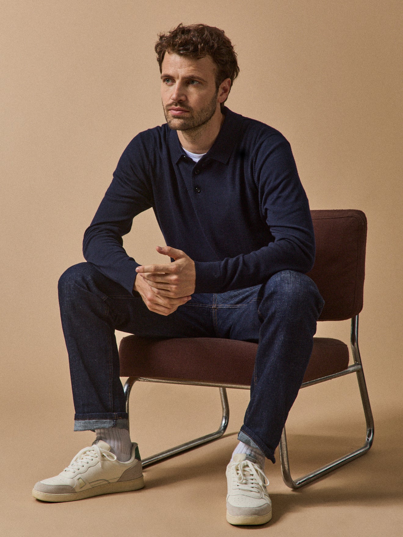 Men's lightweight merino wool sweater with polo shirt collar