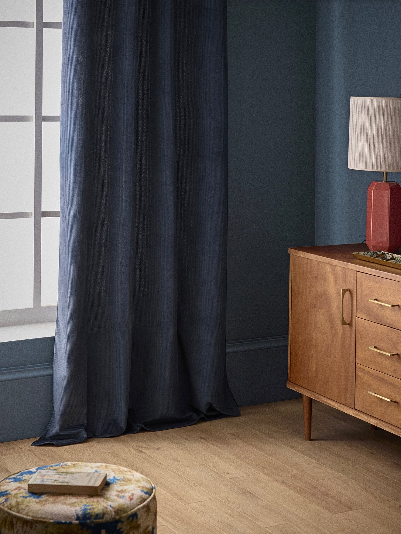 Corduroy curtain with gathered header