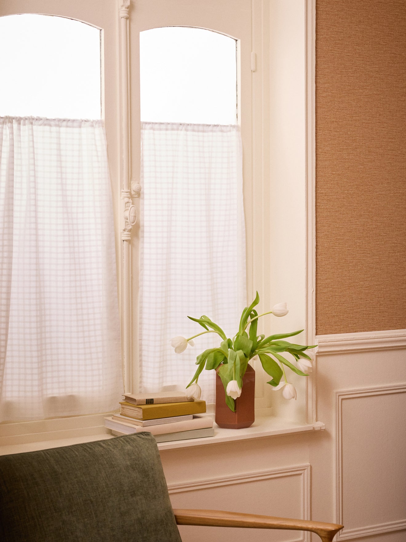 Tone-on-tone check voile café curtains