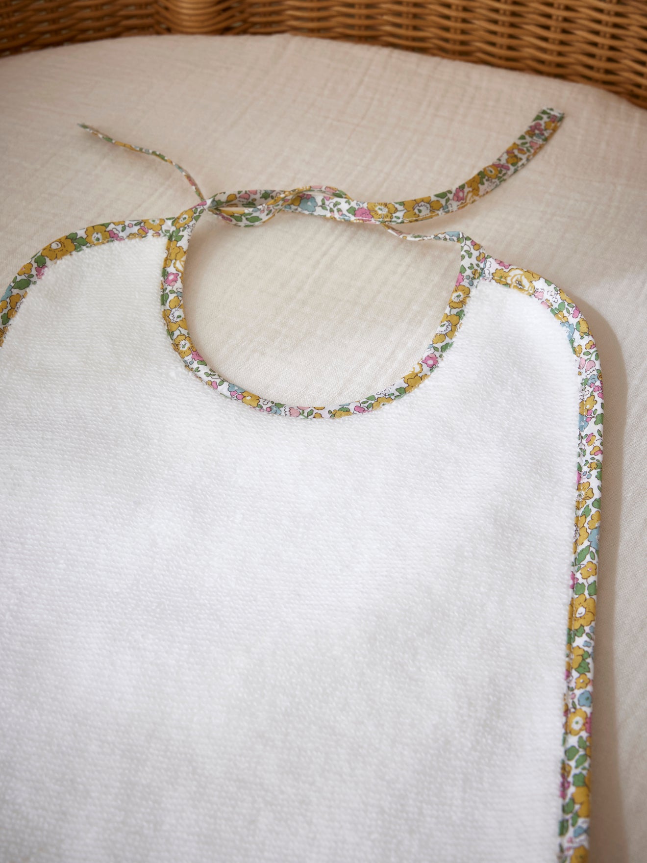 Towelling bib and trim made with Liberty fabric