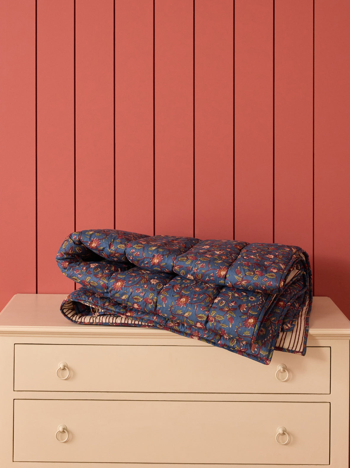 Reversible striped and Indian fabric quilted boutis