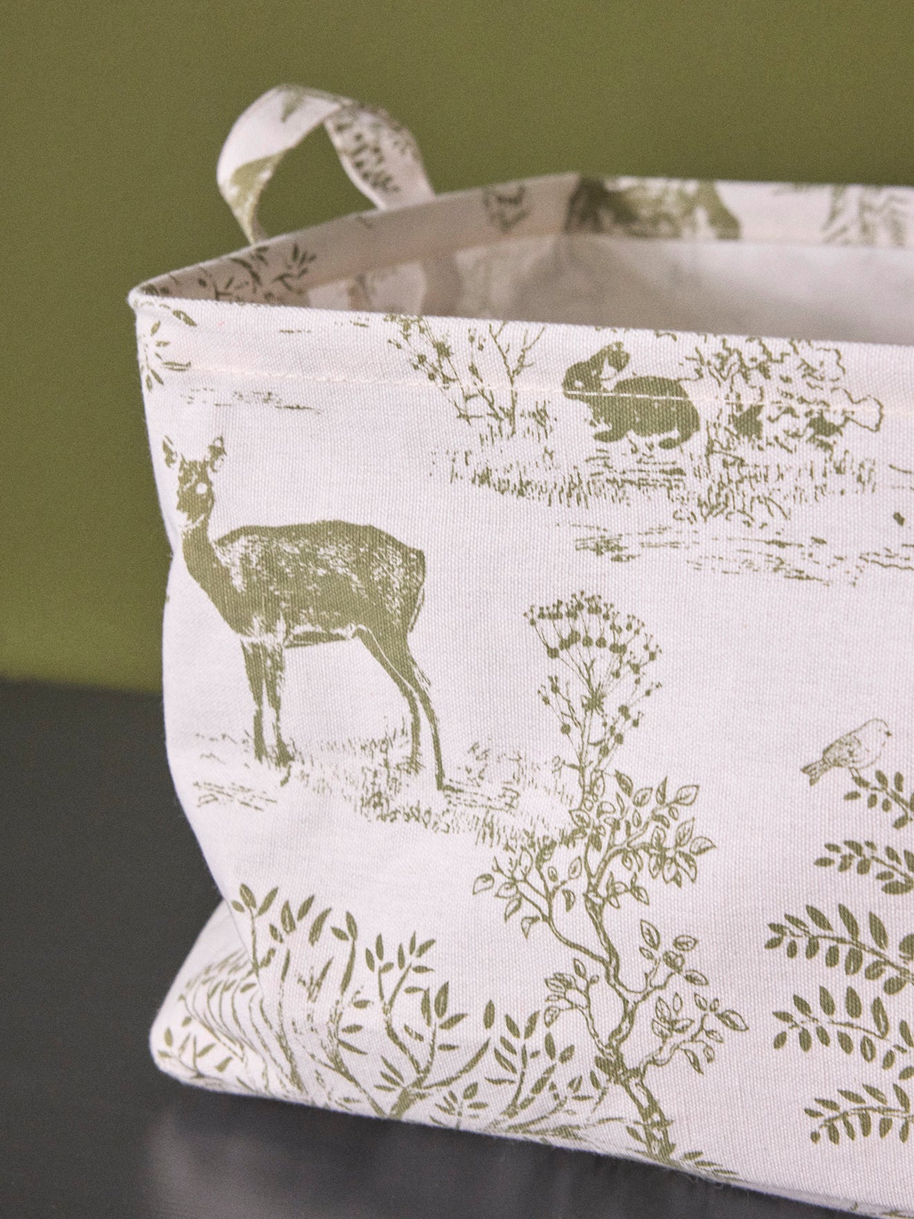 Rectangular storage bag with Toile de Jouy inspired pattern