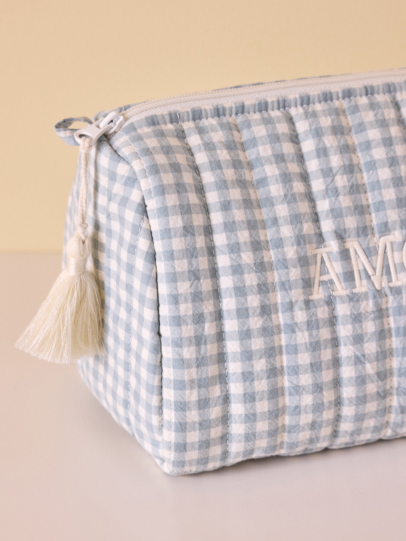 Gingham-checked cotton toiletries bag