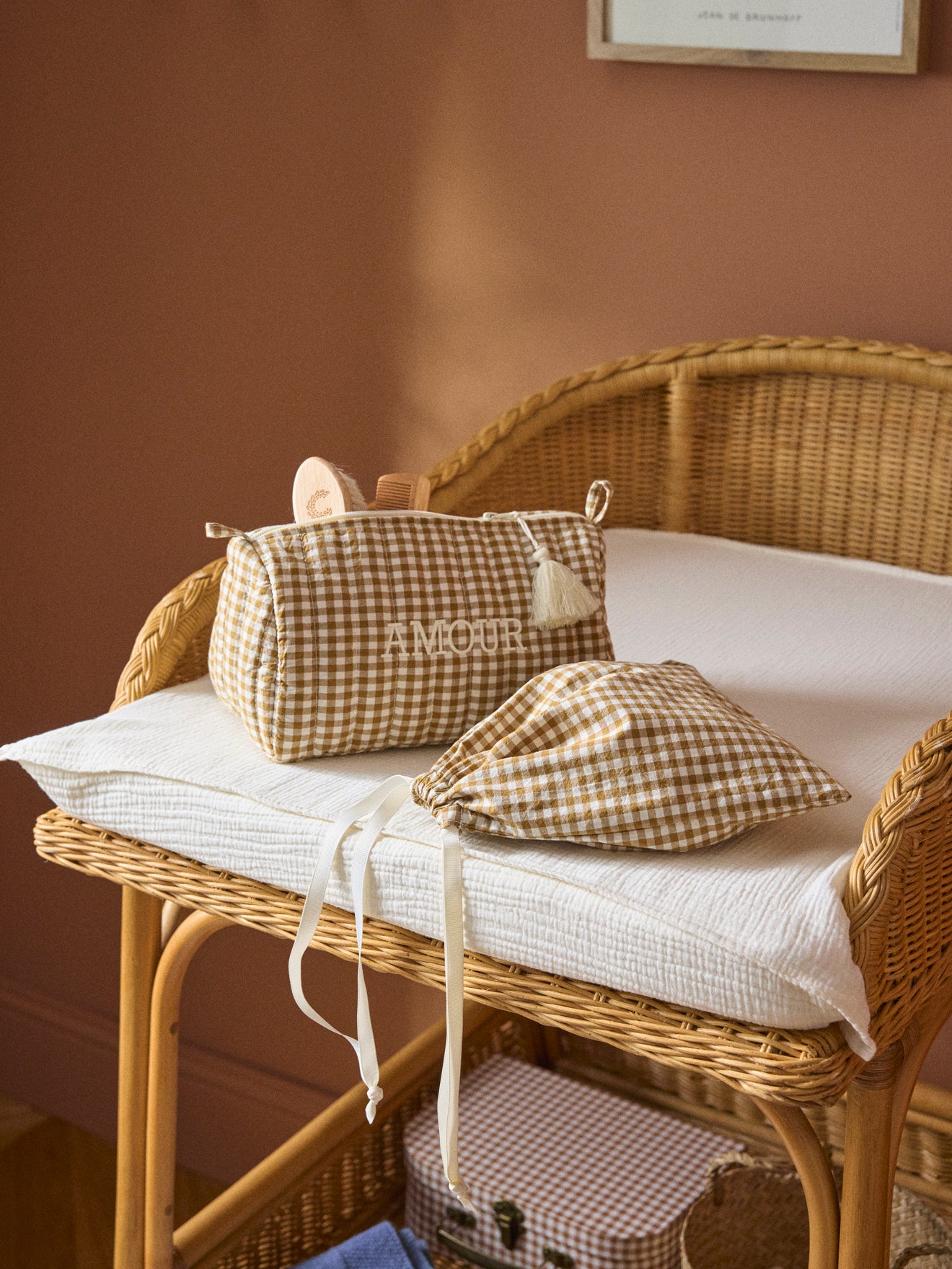 Gingham-checked cotton toiletries bag