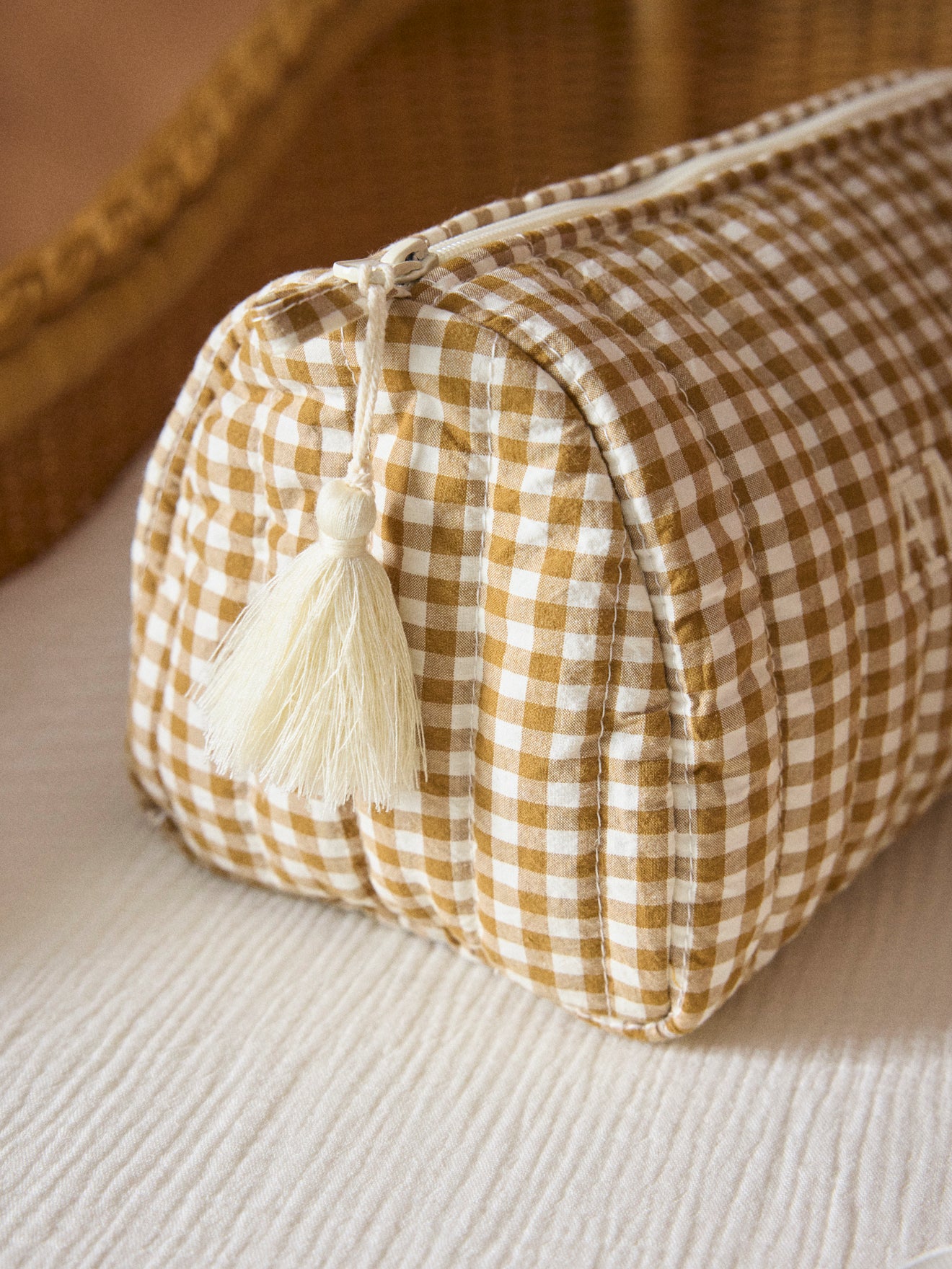 Gingham-checked cotton toiletries bag