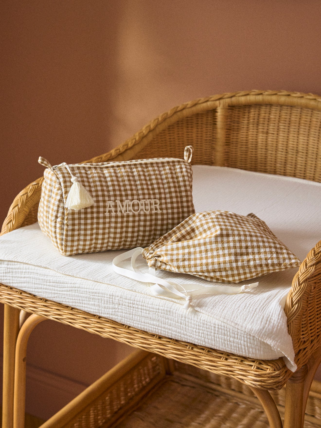 Gingham-checked cotton toiletries bag