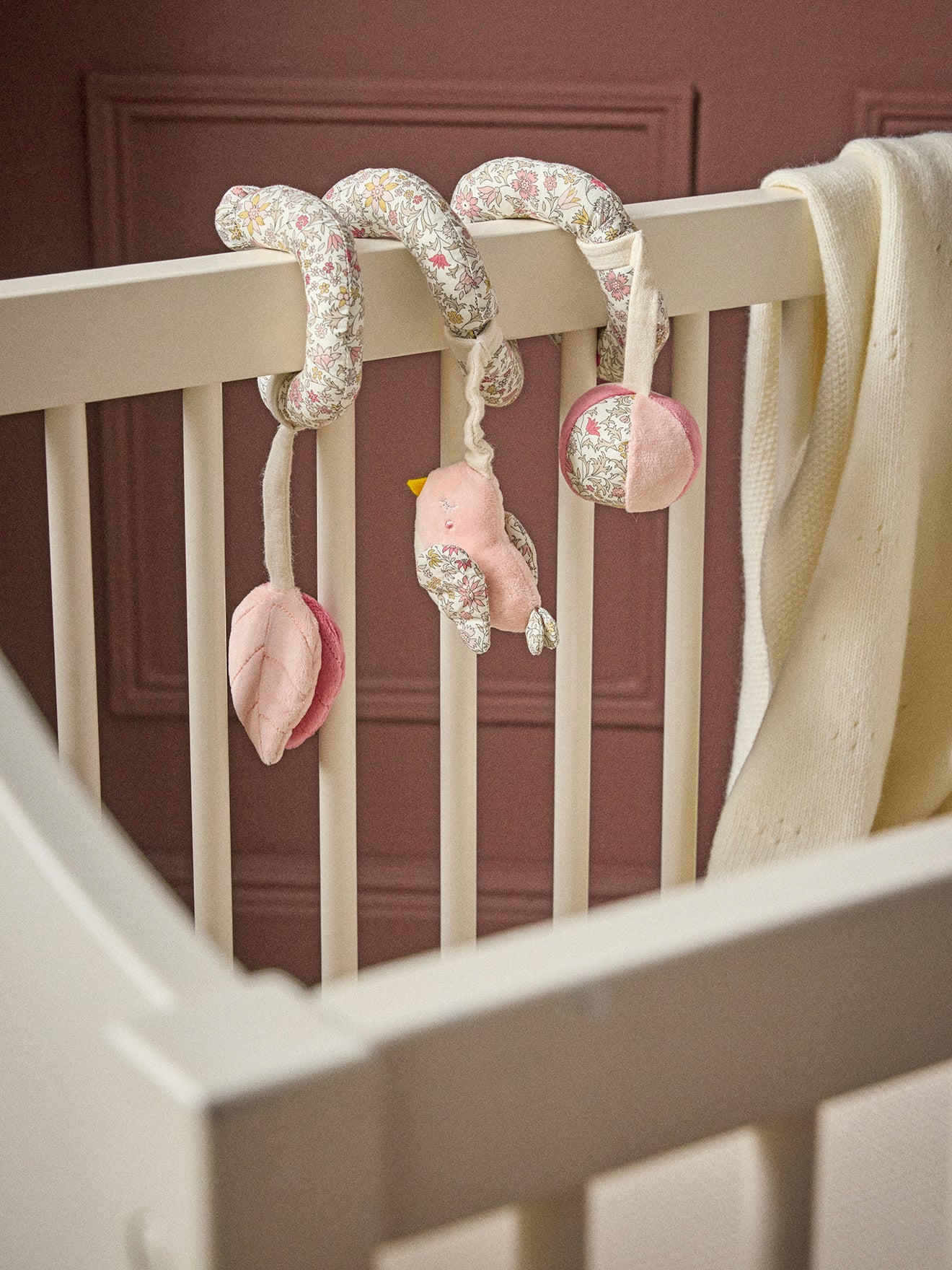 Activity spiral toy made with velvet and Liberty fabric