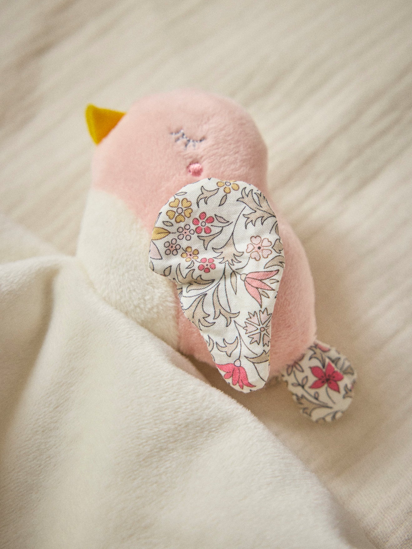 Cuddly bird toy made with Liberty fabric