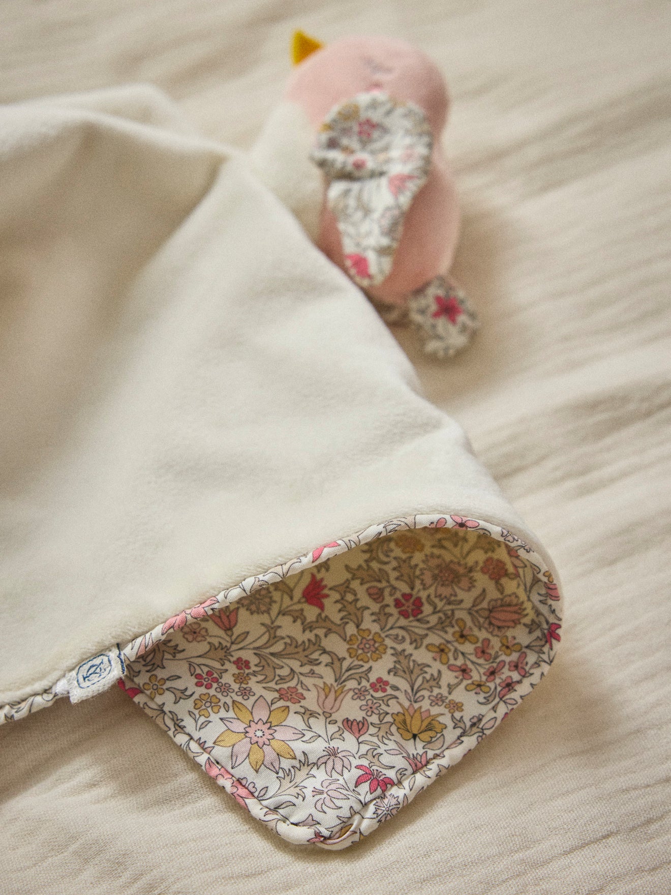 Cuddly bird toy made with Liberty fabric