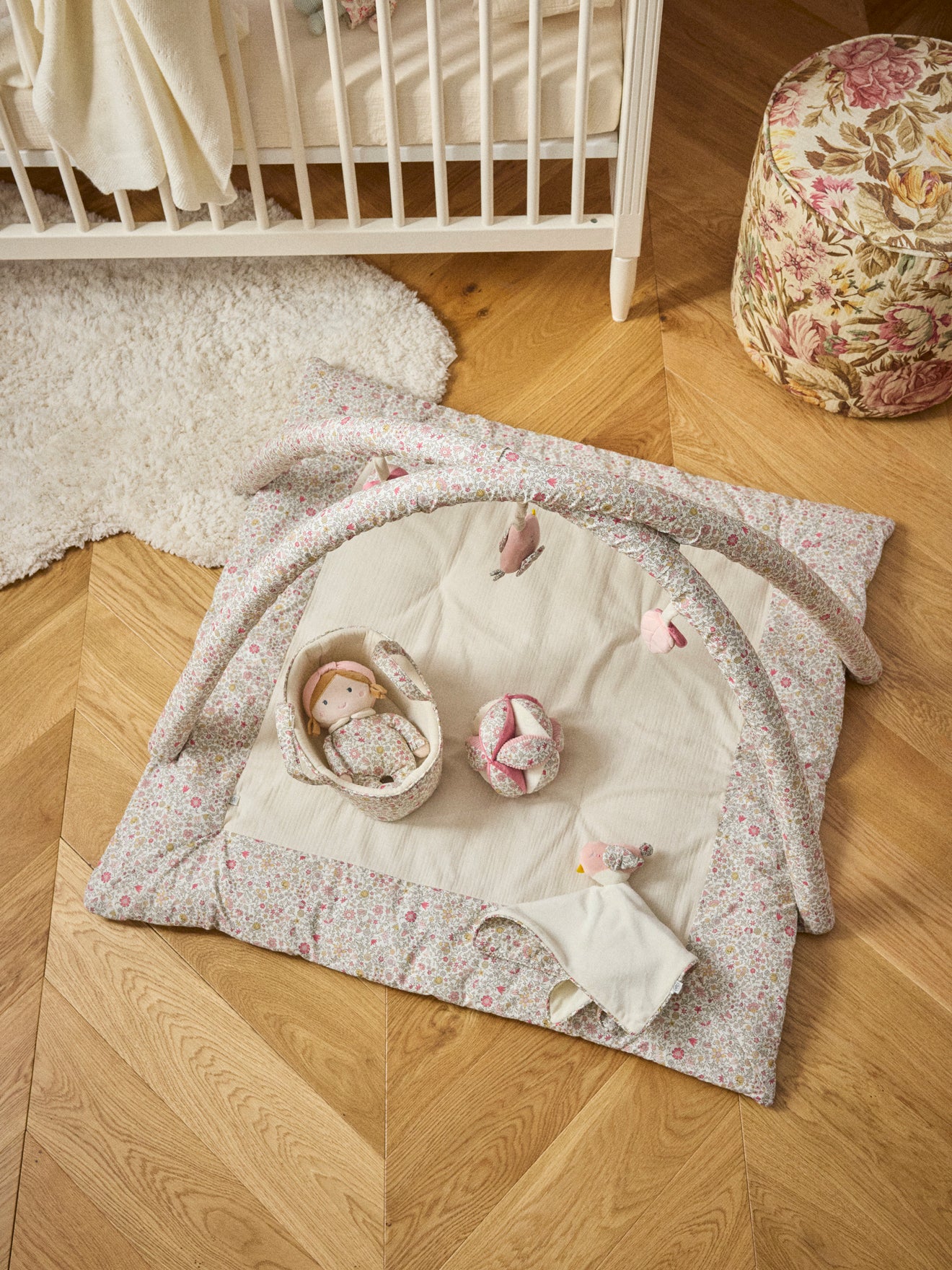 Doll and bassinet made with Liberty fabric