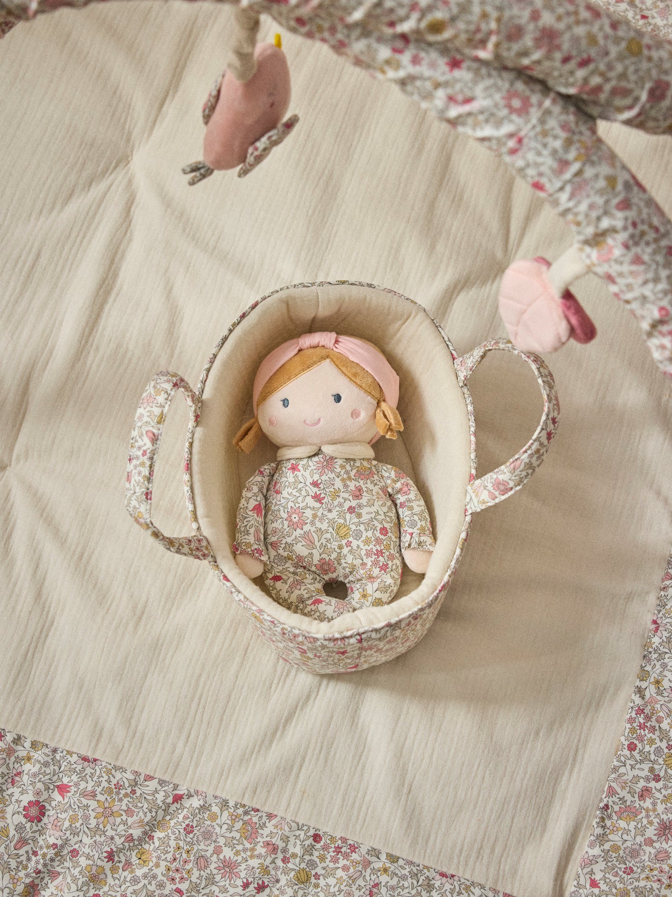 Doll and bassinet made with Liberty fabric