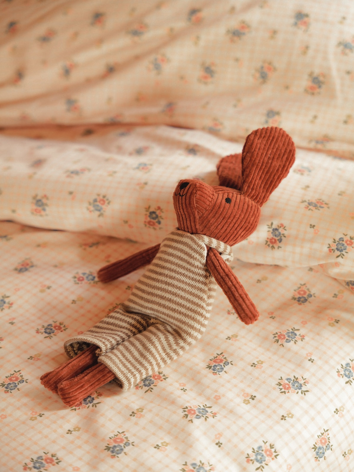 Corduroy dog plush toy with overalls