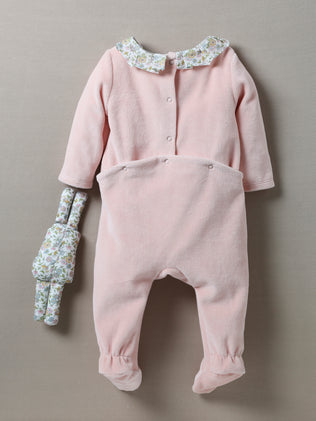 Velour sleepsuit with Liberty fabric trim and plush toy