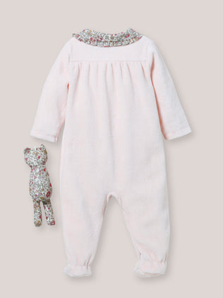 Baby's velour sleepsuit with collar and plush toy with Liberty fabric