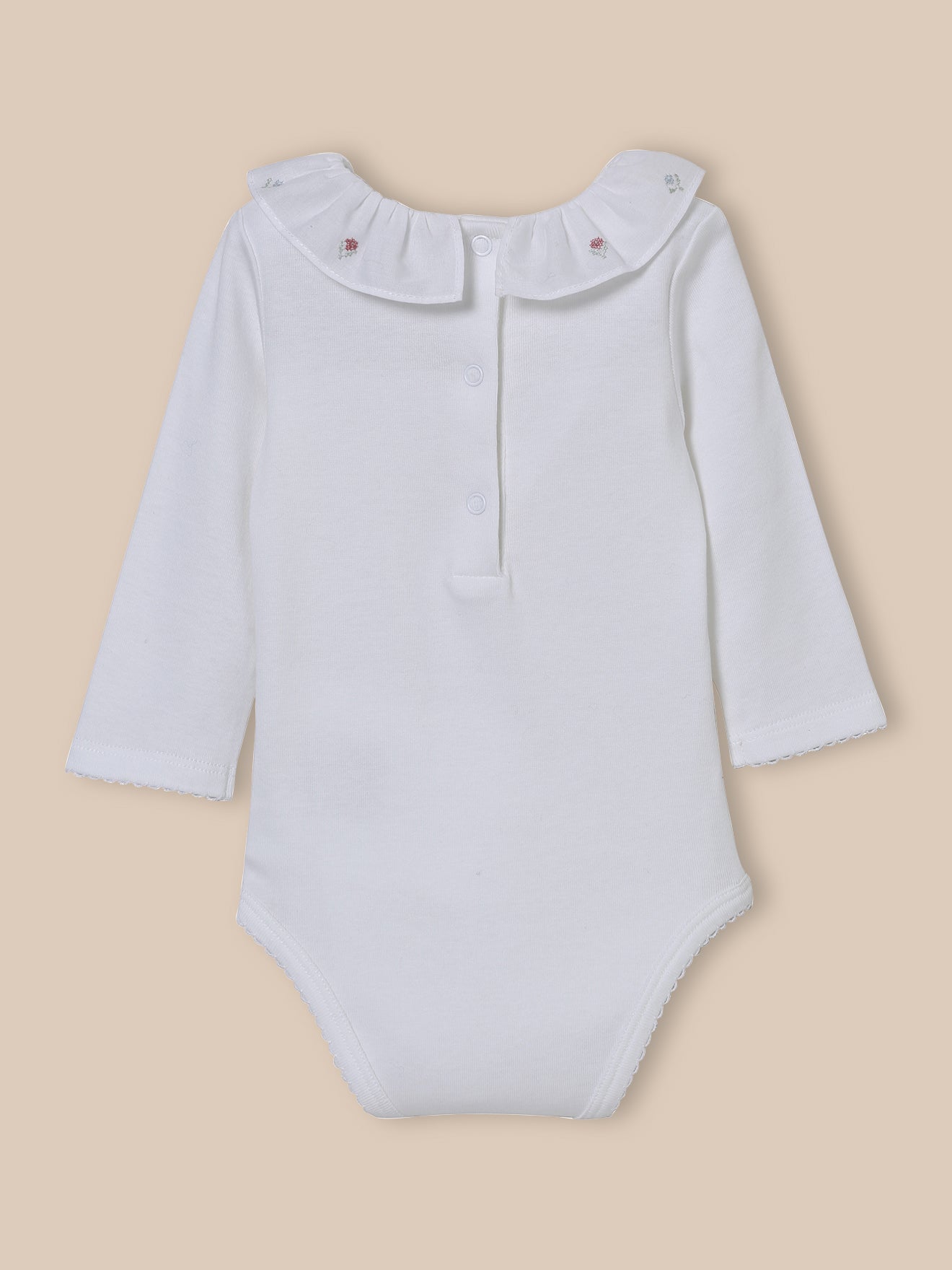 Baby's organic cotton bodysuit with embroidered neckline