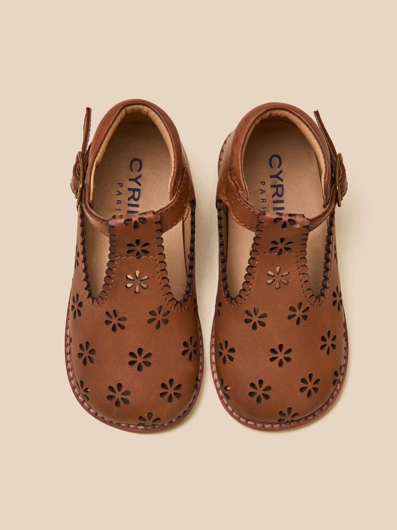Baby's punch-hole leather T-strap shoes