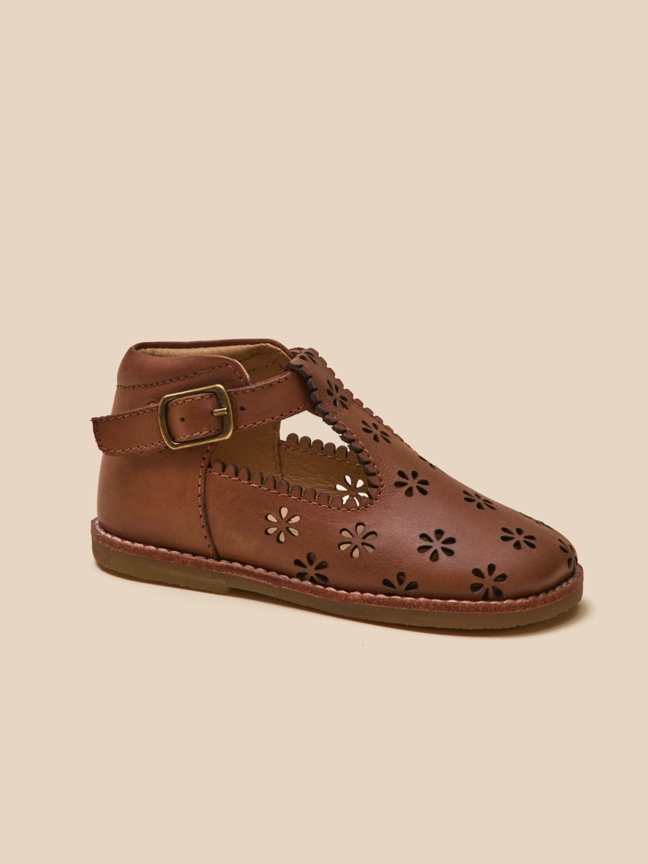 Baby's punch-hole leather T-strap shoes
