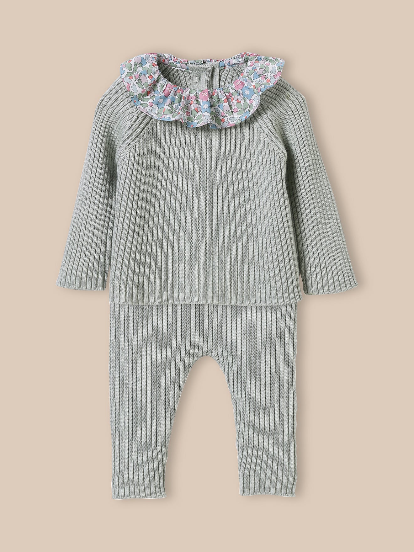 Knit baby outfit with collar made with Liberty fabric