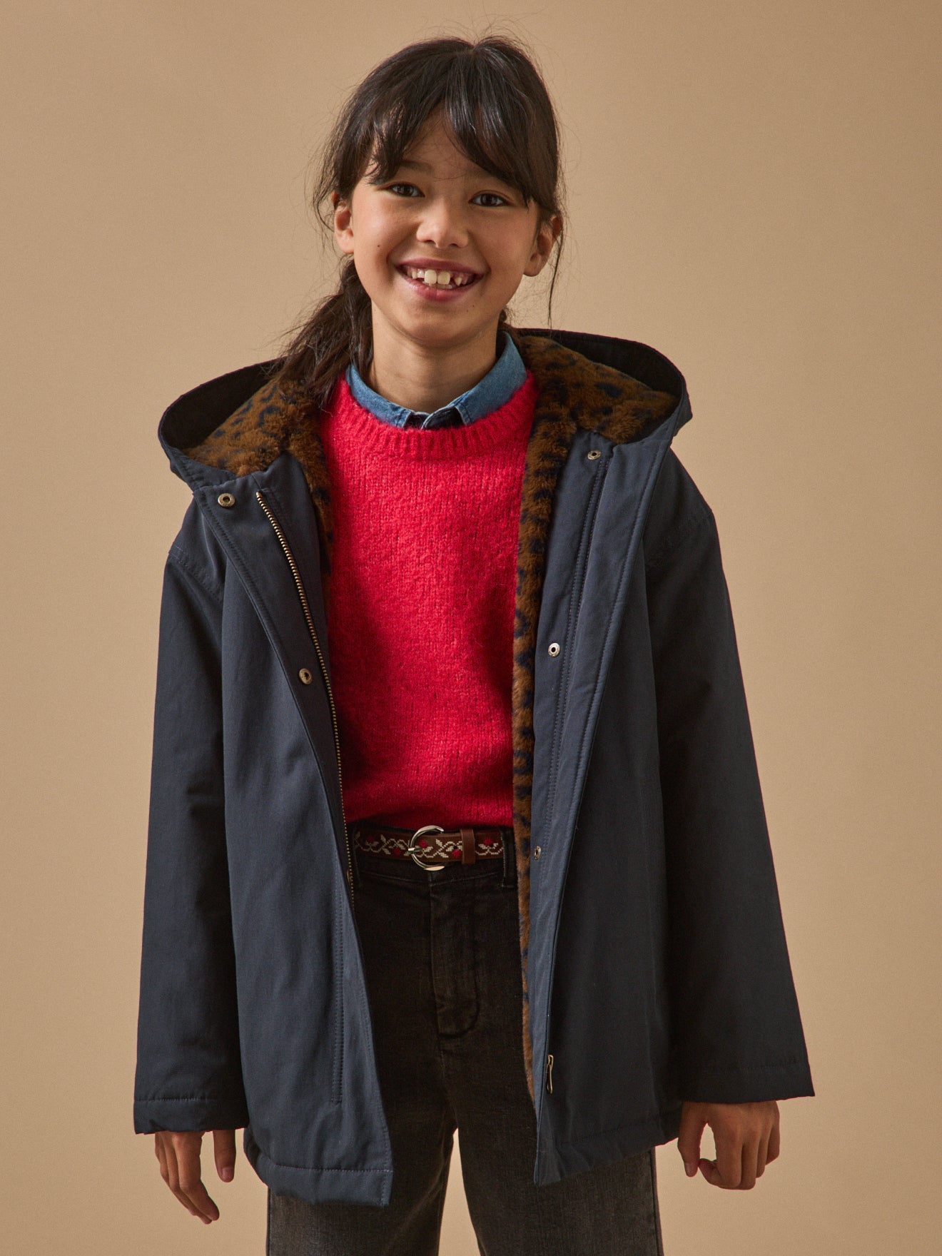 Girl's parka with leopard-motif lining