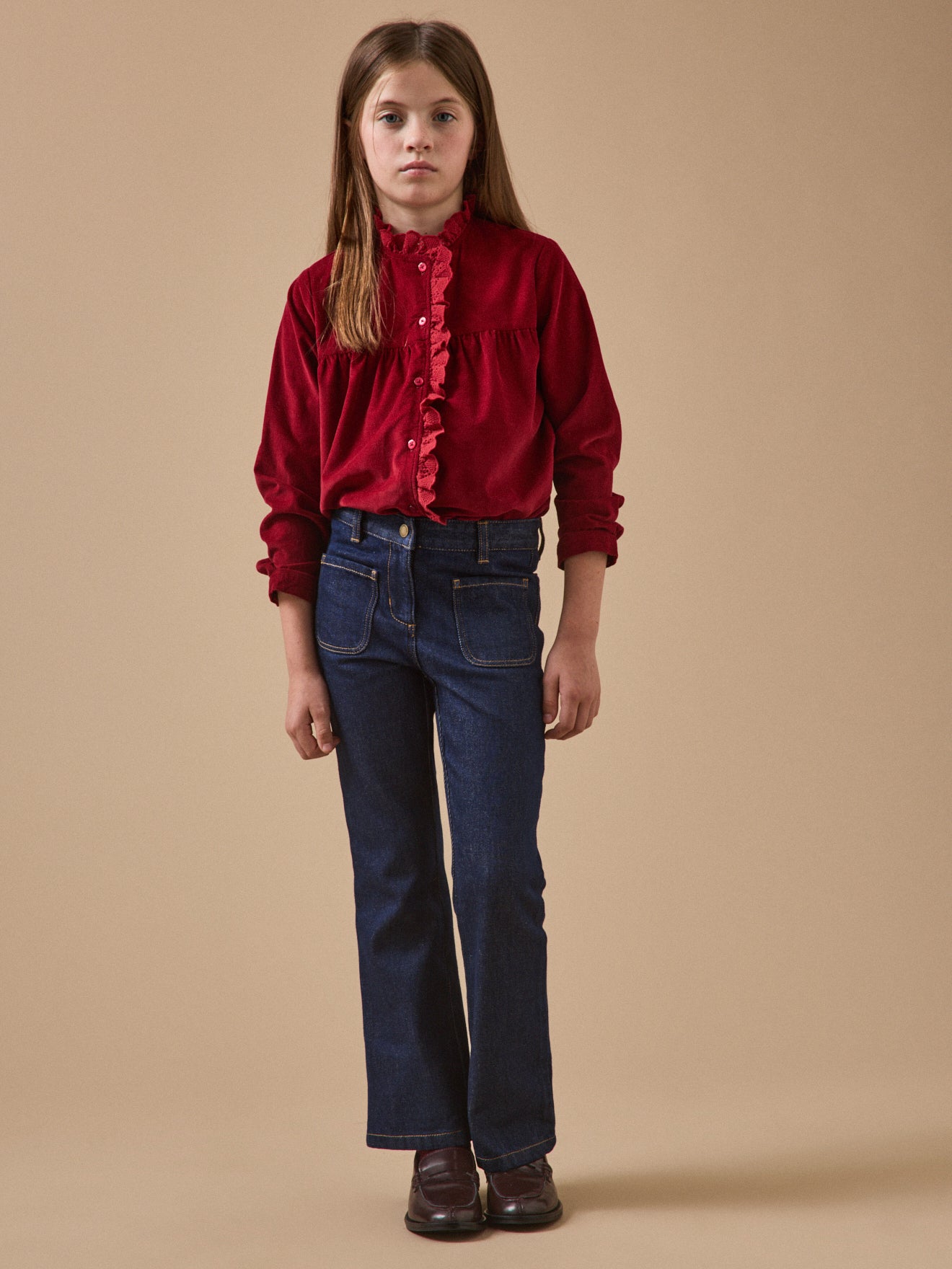 Girl's flared-leg twill trousers
