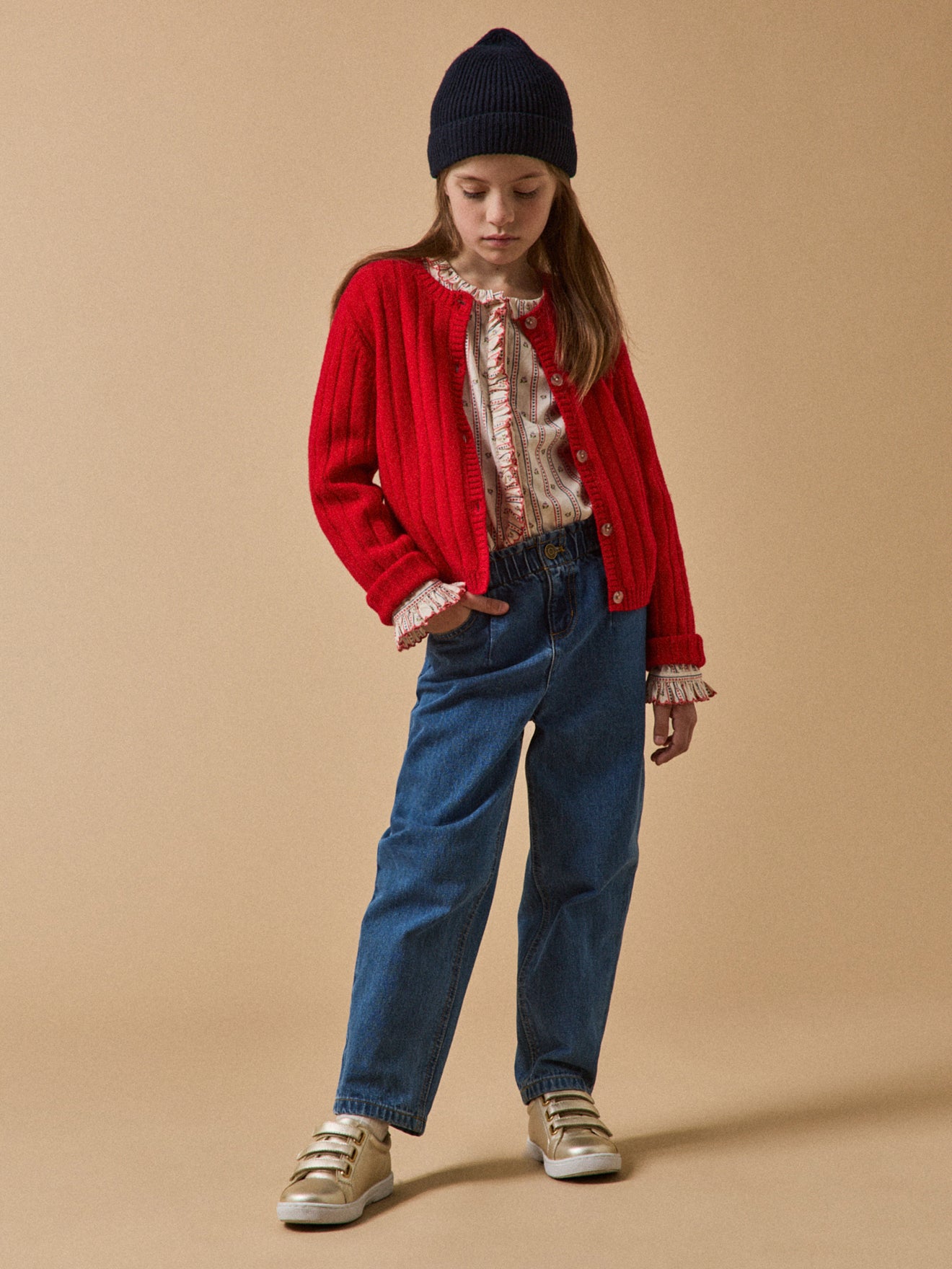 Girl's pure merino wool ribbed cardigan