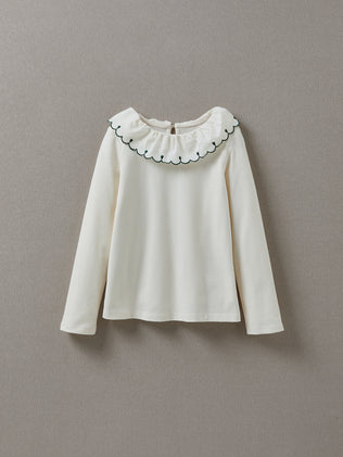 Girl's organic cotton T-shirt with embroidered ruffled collar