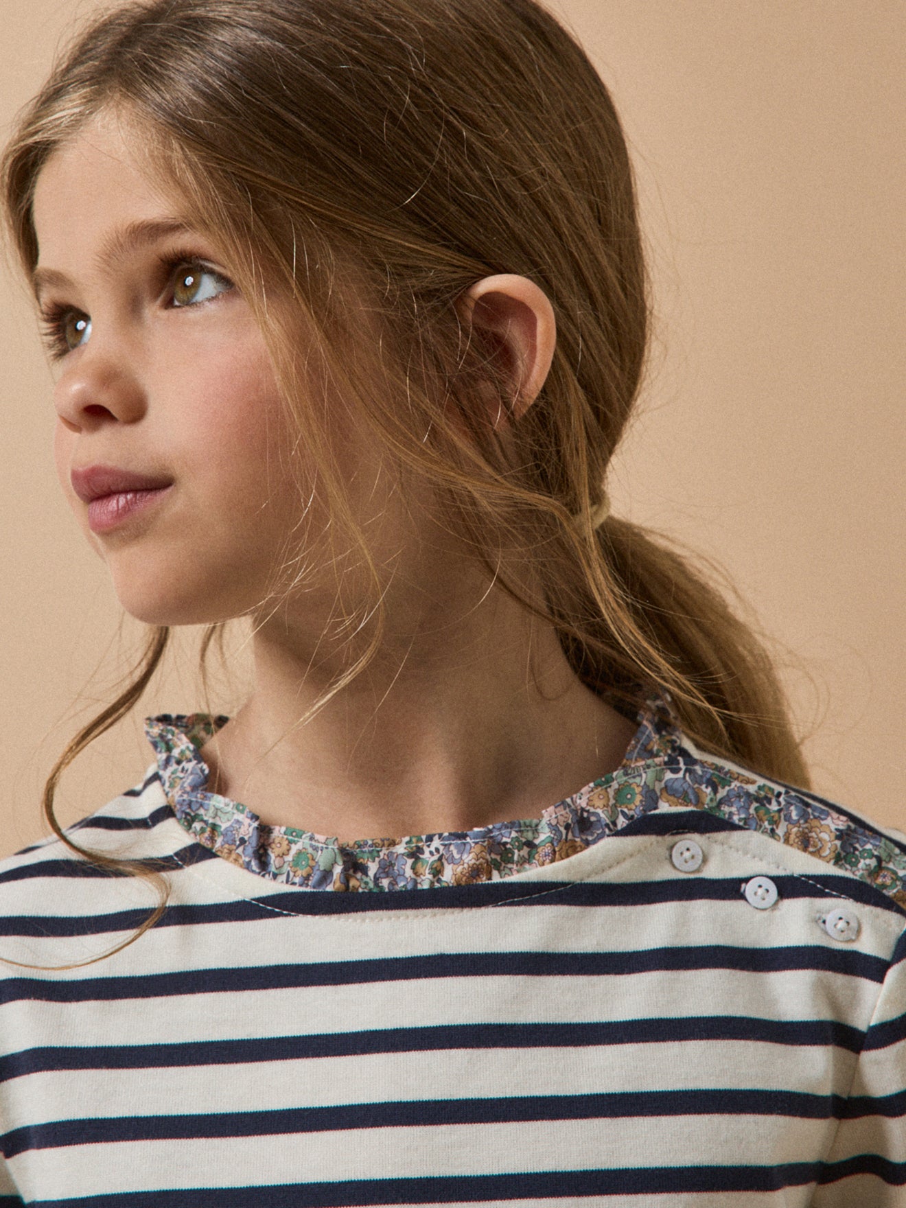 Girl's organic cotton sailor-stripe T-shirt with trim made with Liberty fabric