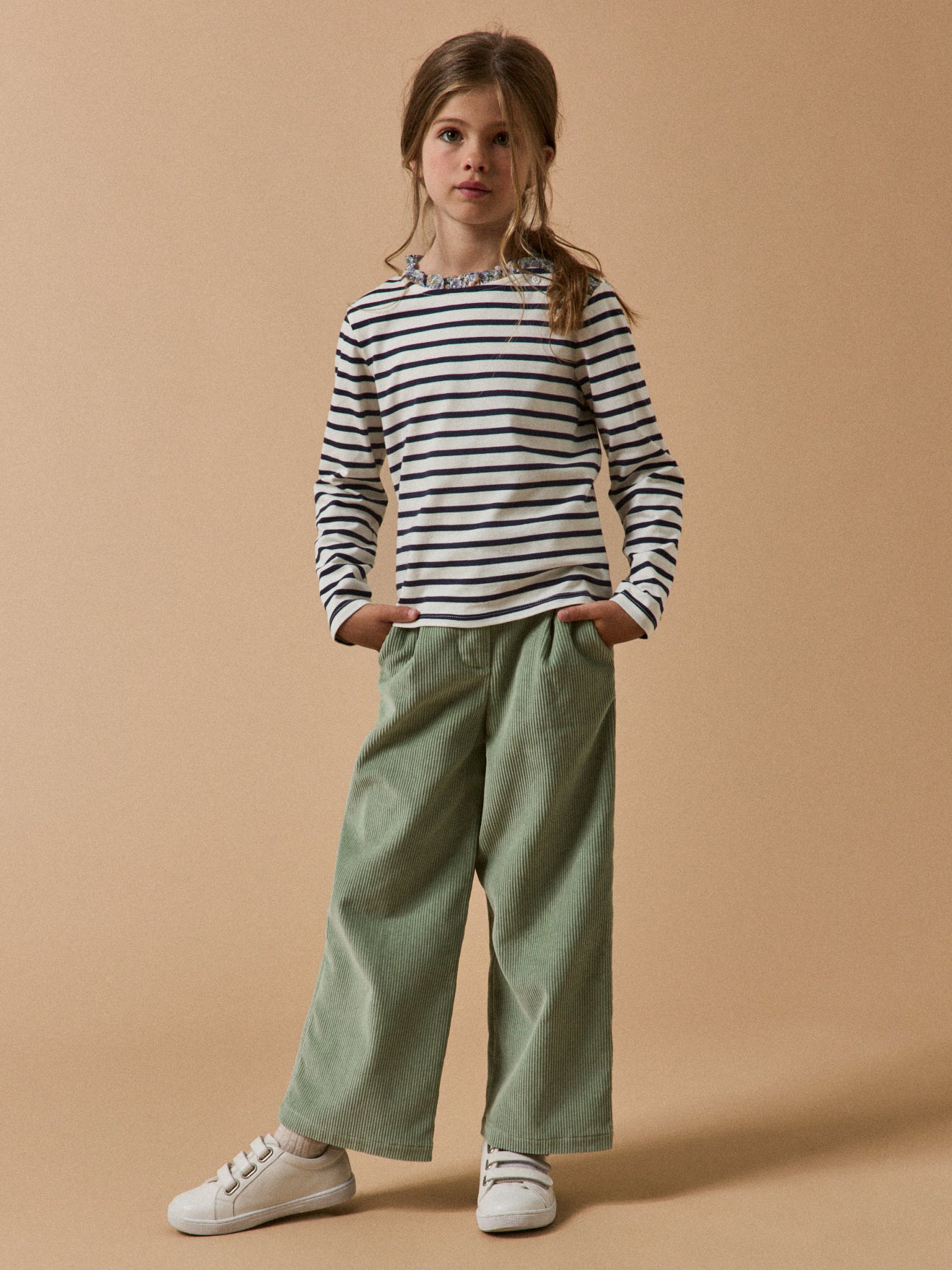 Girl's organic cotton sailor-stripe T-shirt with trim made with Liberty fabric