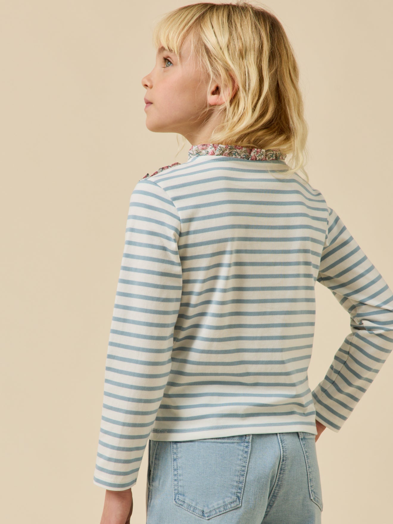 Girl's organic cotton sailor-stripe T-shirt and trim made with Liberty fabric