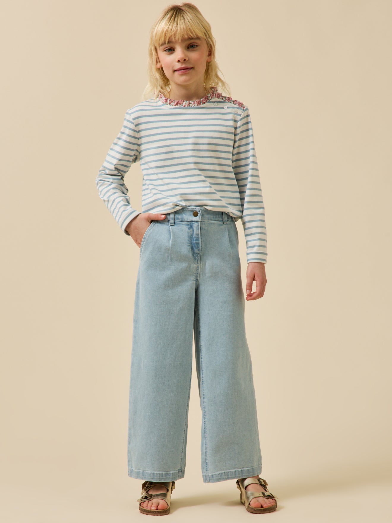 Girl's organic cotton sailor-stripe T-shirt and trim made with Liberty fabric
