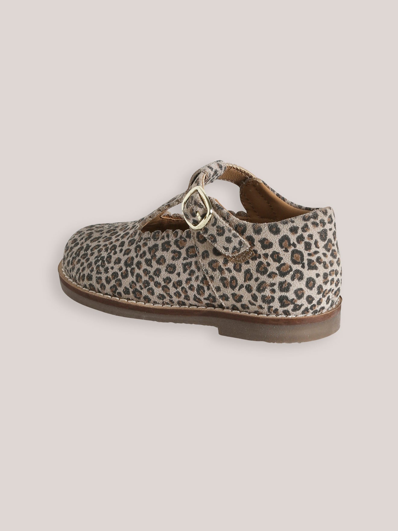 Girl's leather leopard motif T-strap shoes