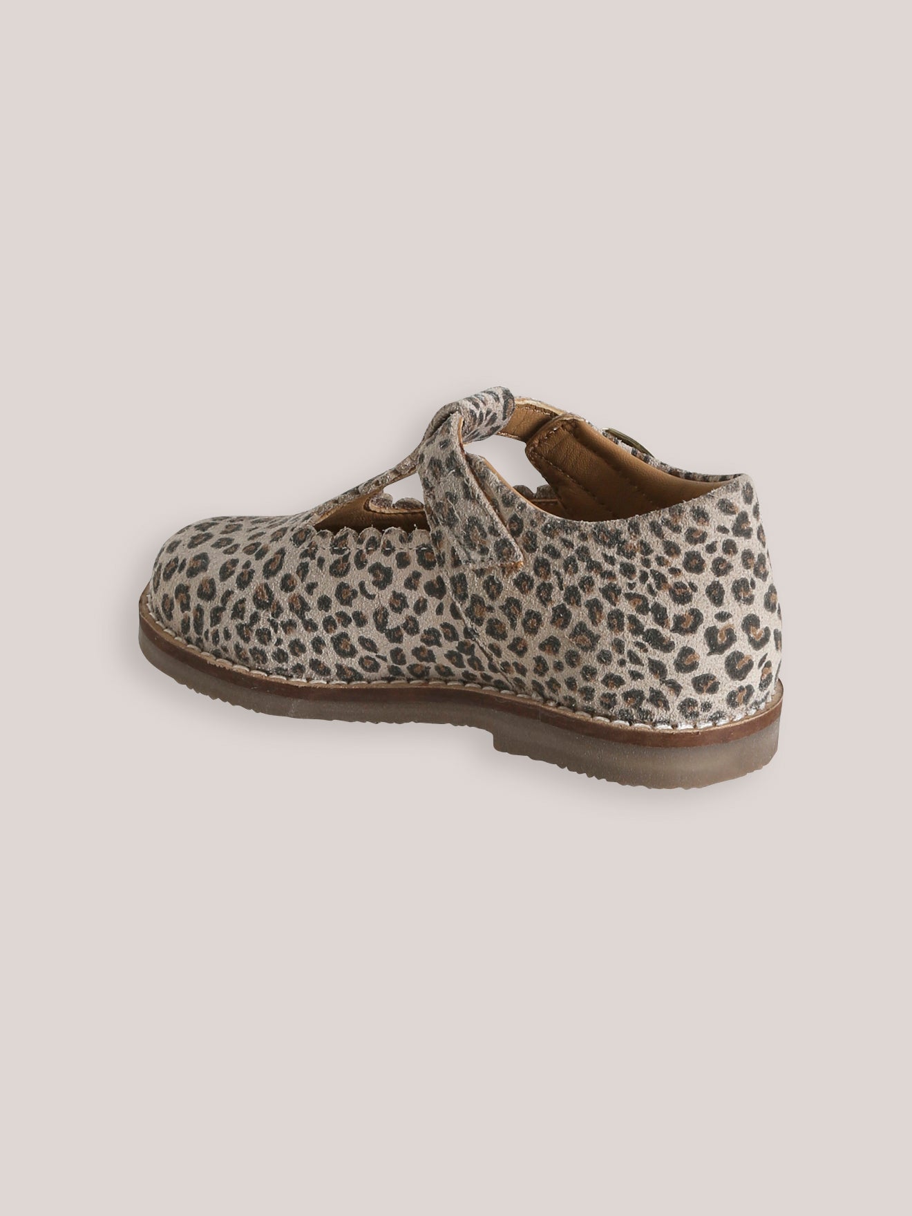 Girl's leather leopard motif T-strap shoes