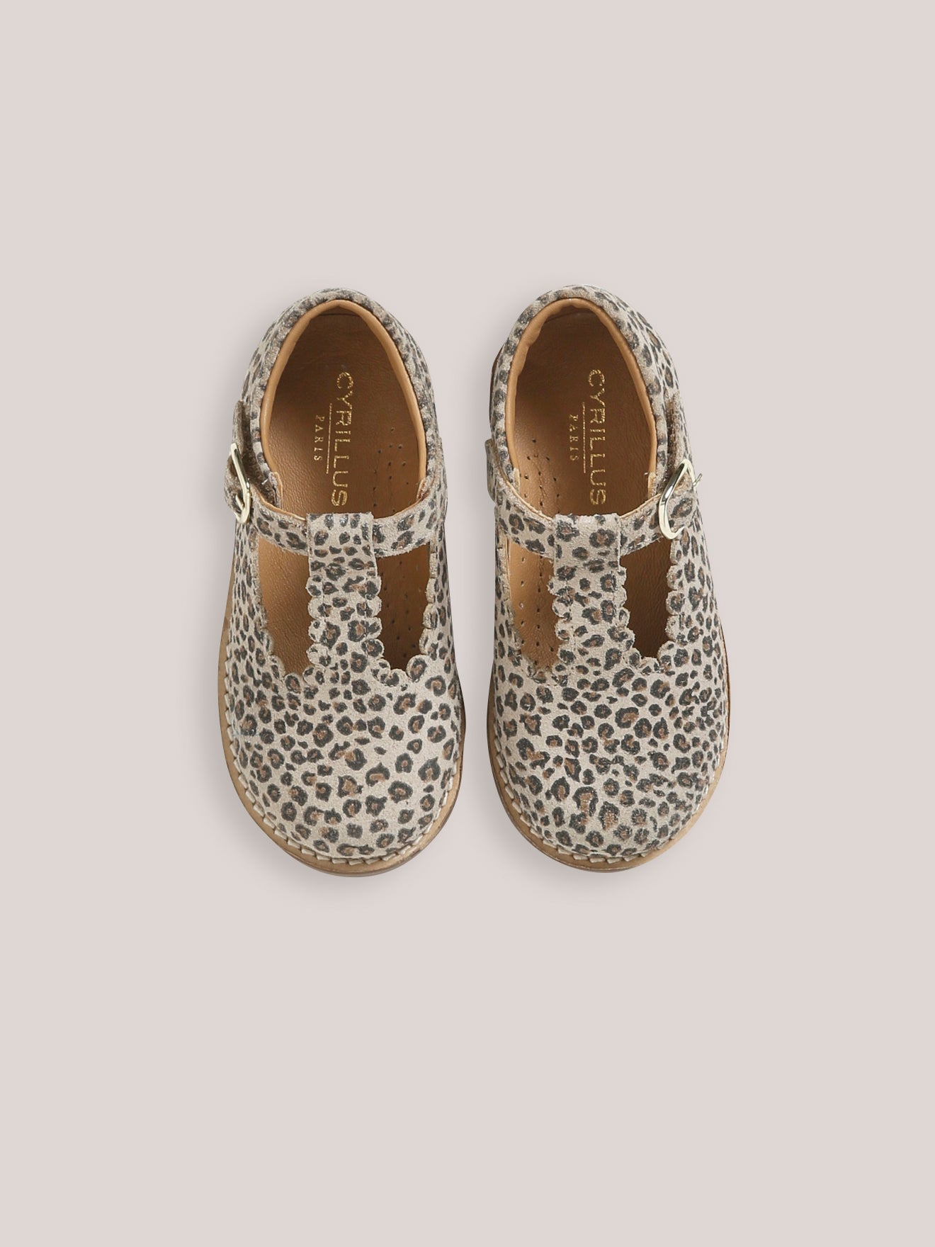 Girl's leather leopard motif T-strap shoes