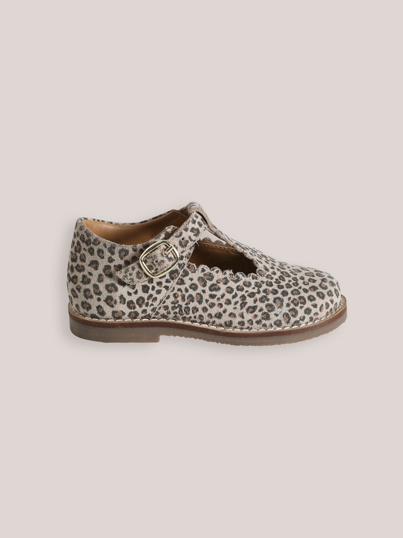 Girl's leather leopard motif T-strap shoes