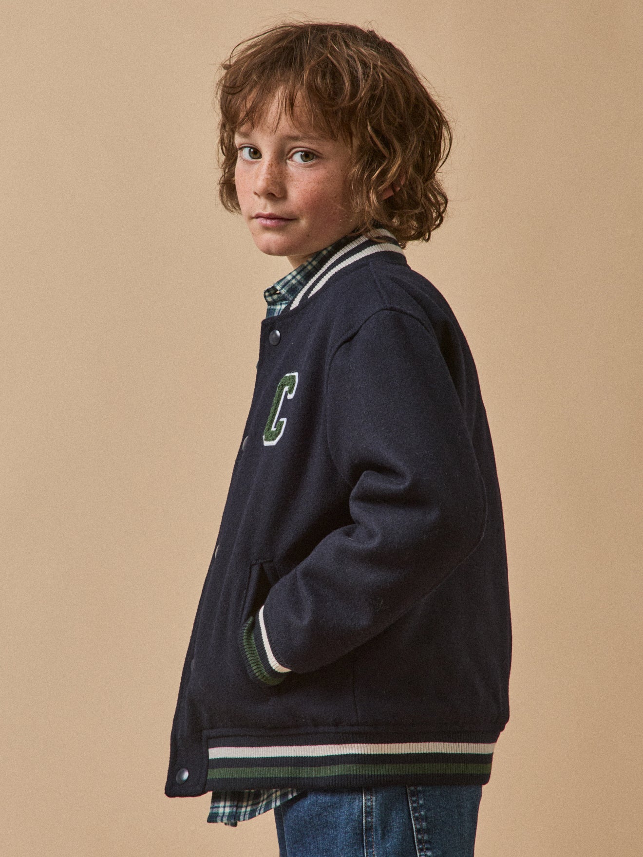 Boy's wool jacket with ribbed neckline