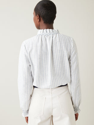 Women's woven-dyed stripe blouse with frilly collar