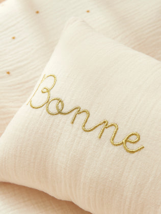 Small cotton gauze cushion with golden embroidery