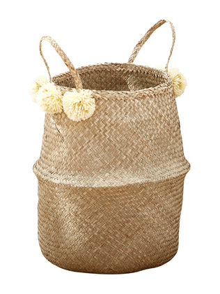 High woven basket with pompoms, height 50cm