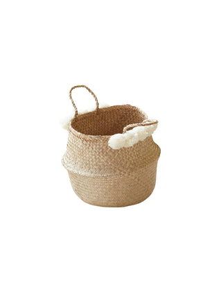 Round braided basket with pompoms Diameter 35cm