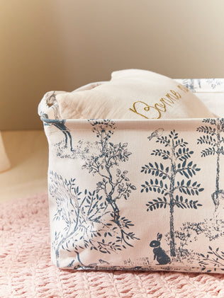 Rectangular storage bag with Toile de Jouy inspired pattern