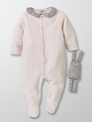 Baby's gift set: velour sleepsuit with Liberty fabric trim + plush toy