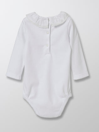 Baby's organic cotton bodysuit with wide frill collar